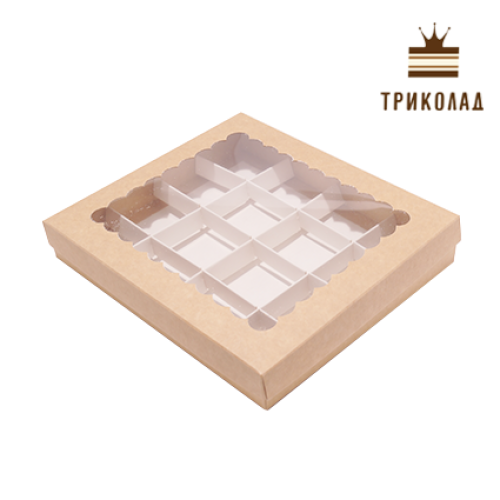Коробка для 16 цукерок крафт з вікном 200*170*30 мм, 3 шт