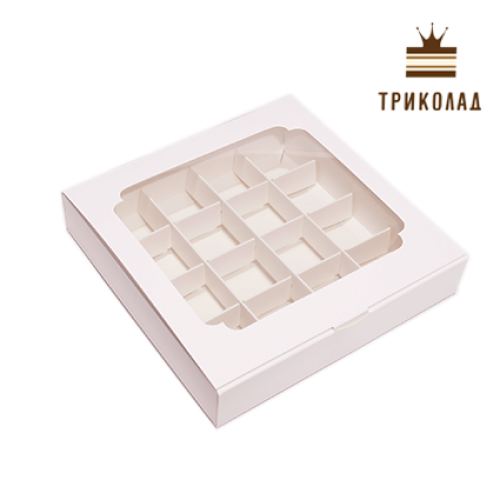 Коробка для 16 цукерок біла з вікном 185*185*35 мм, 3 шт.