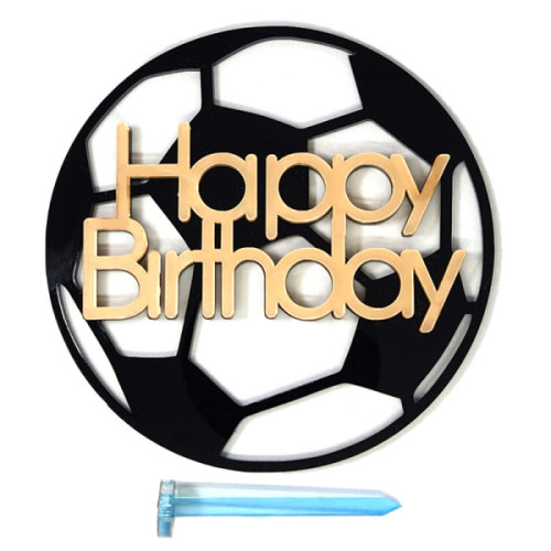 Топер боковий Happy Birthday на тлі футбольного м'яча D120 мм (золото на чорному)