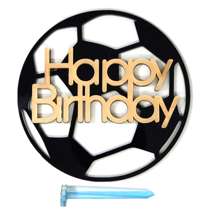 Топер боковий Happy Birthday на тлі футбольного м'яча D120 мм (золото на чорному) Топер боковий Happy Birthday на тлі футбольного м'яча D120 мм (золото на чорному)
