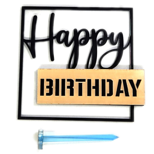 Топер боковий Happy Birthday золотий трафарет на чорному квадраті 90 х 90 мм