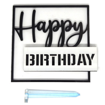 Топер боковий Happy Birthday срібний трафарет на чорному квадраті 90 х 90 мм
