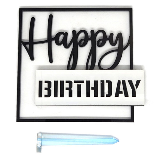 Топер боковий Happy Birthday срібний трафарет на чорному квадраті 90 х 90 мм