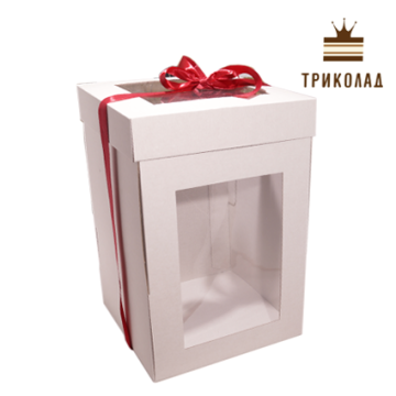 Коробка для тортів гофрокартон біла з вікном та кришкою, (3 частини та стрічка), 25*25*38 см, 3 шт.
