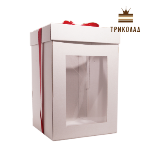 Коробка для тортів гофрокартон біла з вікном та кришкою, (3 частини та стрічка), 25*25*38 см, 3 шт.