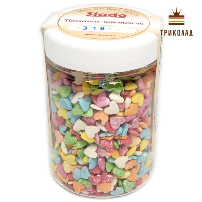Сердечки мікс. Посипка-коктейль (П316), ТМ Сладо, Україна, ПЕТ-банка, нетто 80 г