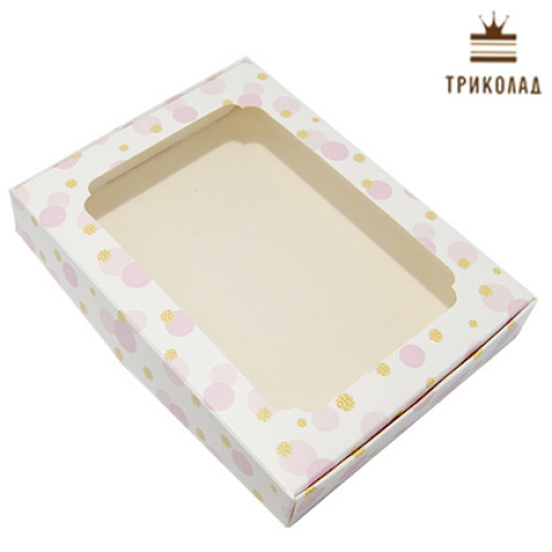 Коробка для пряників з віконцем, 20*15*3 см., рожева горошок, 3 шт.