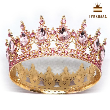 Корона Золото / Рожеві стрази D=120 H=55 мм (Китай) 1 шт.