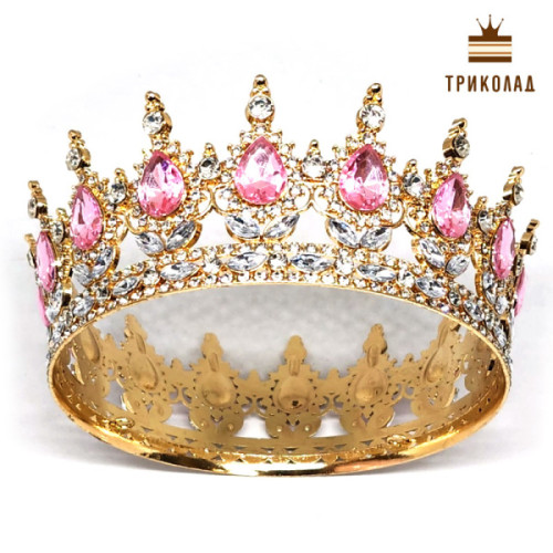 Корона Золото / Світло-рожеві та прозорі стрази D=120 H=55 мм (Китай) 1 шт.