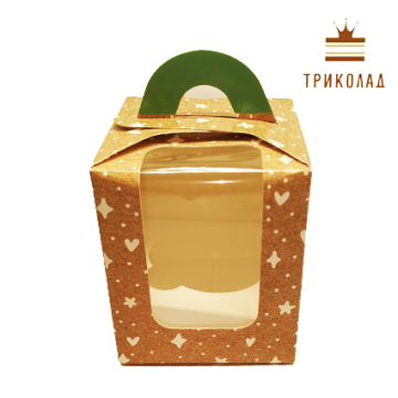 Коробка на 1 капкейк з вікном у двох площинах (8*8, h10), крафт+зелений, 3 шт.