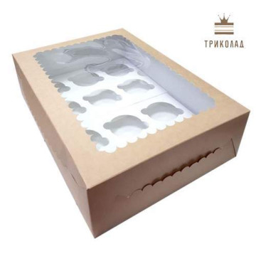 Коробка з вікном КРАФТ для 12 капкейків 355*255*100, рельєф, 3 шт.