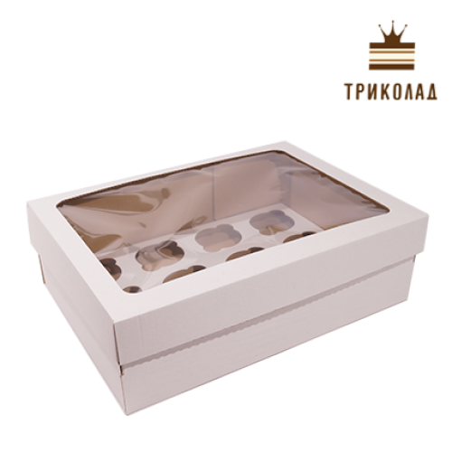 Коробка на 12 капкейків мікрогофрокартон вікно 35*25*11 см, біла, LP, 3 шт.
