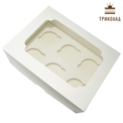 Коробка для 6 капкейків, 25,5*19*10 см., біла вензель, 3 шт.