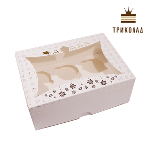 Коробка новорічна для 6 капкейків (золоте тиснення) 240*180*90 мм, LP, 3 шт.