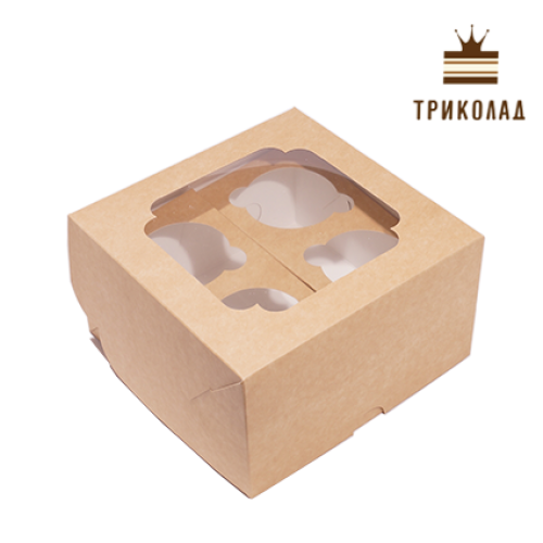 Коробка на 4 капкейка з вікном, 17,2*17,2*10 см., крафт, 3 шт.